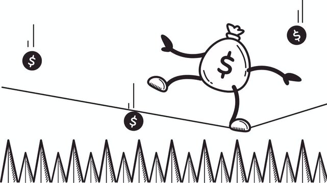 Animated footage featuring a character carefully maintaining balance while crossing a rope bridge above a dangerous chasm filled with spikes. Symbolizing business risk, financial uncertainty, decision