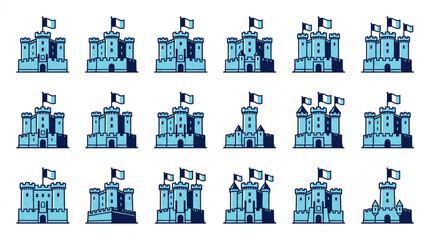Collection of blue medieval castles with flags on white background. © Var