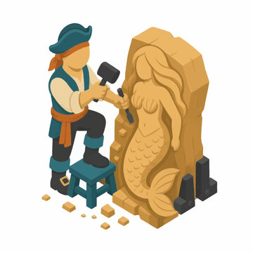 Isometric vector illustration of a faceless pirate craftsman carving a mermaid figurehead from a wooden block using a mallet and chisel, set against a plain white background.