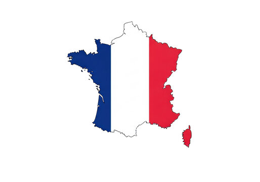 Flawless 2d vector map silhouette of france (l'hexagone) filled with blue, white, and red tricolor flag, clean lines, extensive negative space, modern european geography concept