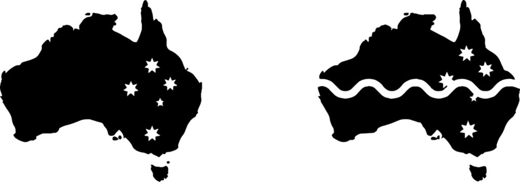 Black and white Australia map silhouettes with stars.