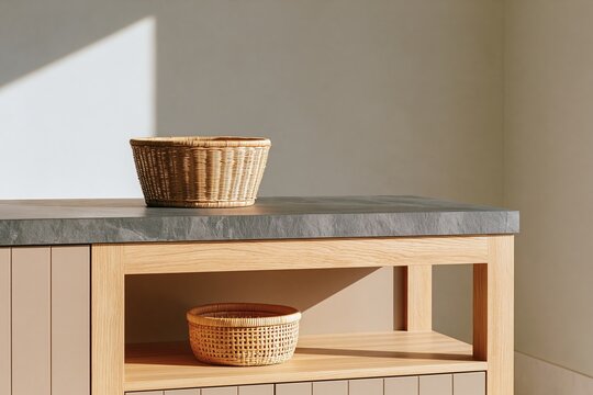 Japandi kitchen island in raw oak with honed dark stone top, featuring woven baskets on the surface and open shelving for storage in a minimalist setting