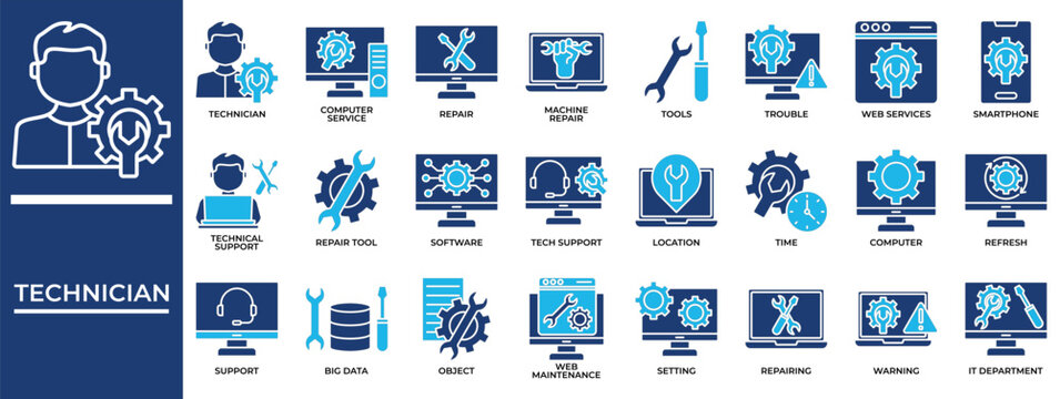 Technician icon set collection. Containing services, operation, performance, management, strategy, trouble, specialist .Solid vector icons collection