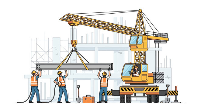 Construction Workers Team and Mobile Crane Lifting Steel Beam at Building Site Illustration