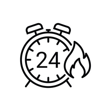 24 Hour Timer With Fire Solid Icon. Time Management, Urgency, And Deadline Pressure Silhouette Symbol. Productivity And Efficiency. Editable Stroke. Isolated vector illustration.