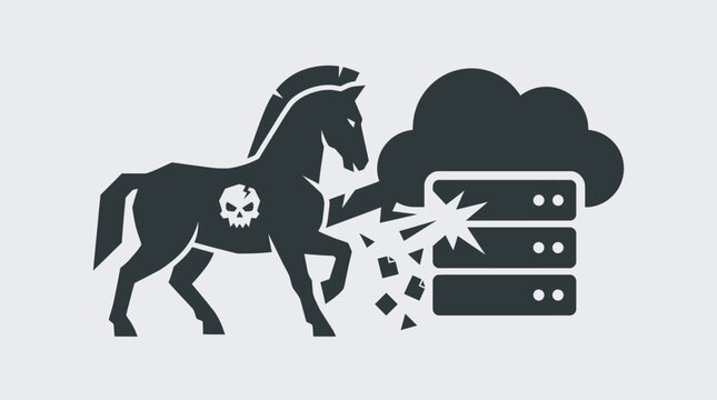 Trojan horse virus attacking cloud server representing cyber security threat and data breach icon. Vector Illustration