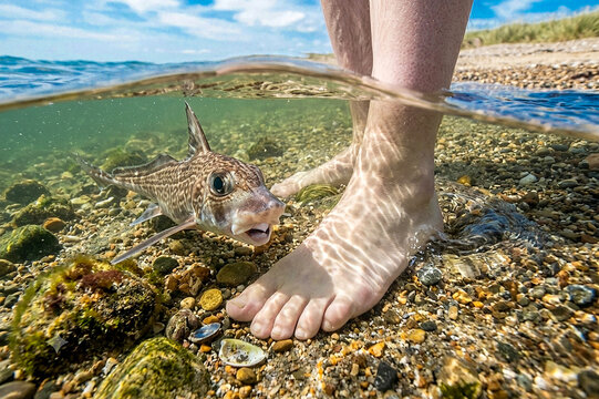 A rabbit fish or rat fish (Chimaera monstrosa) underwater near a person's leg