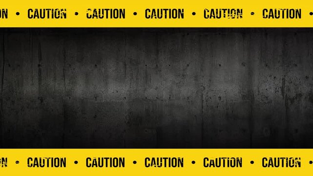 Looping Industrial Caution Tape Border Animation with Repeating CAUTION Safety Text on Dark Grunge Metal Background 4K 60 fps