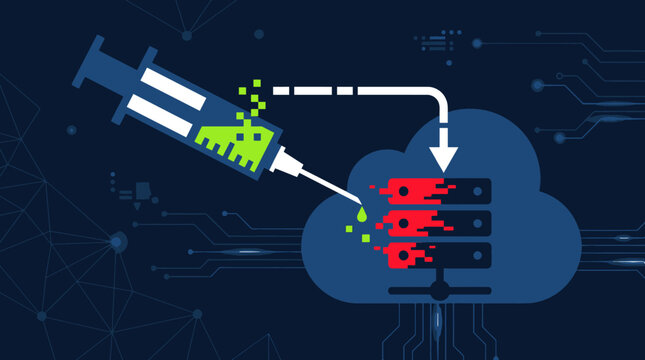 Cloud computing security breach conceptual illustration with syringe injecting malware into servers. Vector Illustration