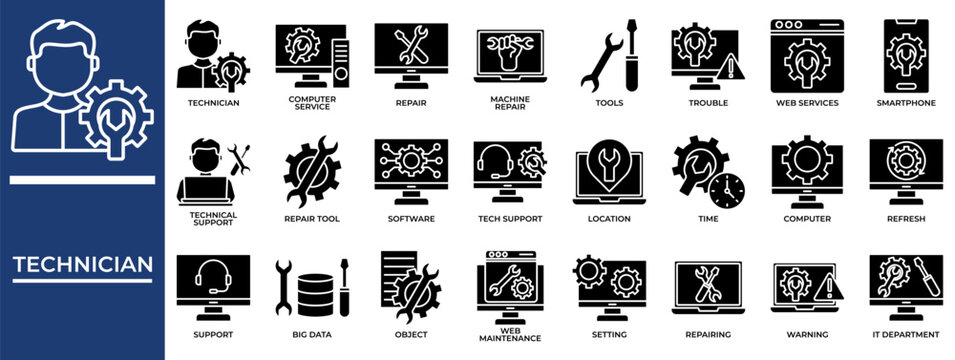 Technician icon set collection. Containing services, operation, performance, management, strategy, trouble, specialist .Solid vector icons collection