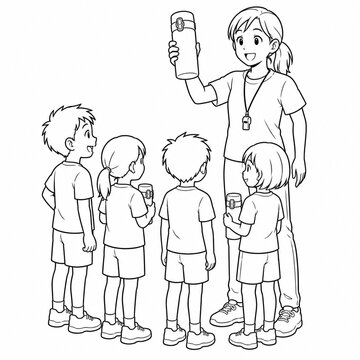 Children Taking a Water Break During Sports Activity, Educational Illustration