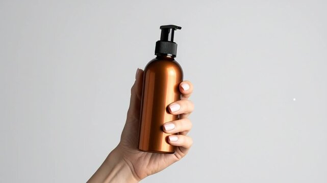 Female Hand Holding Bronze Pump Bottle of Beauty Product on White Background