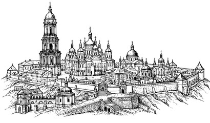 Fototapeta premium Vintage Hand Drawn Kyiv Pechersk Lavra Vector with Monastery and Bell Tower