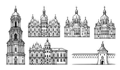 Obraz premium Kyiv Pechersk Lavra Monastery Architectural Sketch Vector Illustration