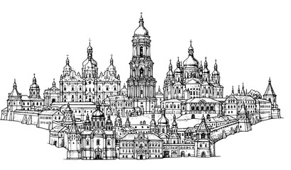 Fototapeta premium Kyiv Pechersk Lavra Hand Drawn Vector with Great Lavra Bell Tower Illustration