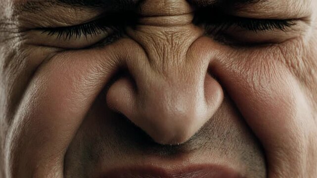 Close-up of middle-aged man expressing discomfort with facial contortions, showcasing the progression of visible emotions through three sequential frames in a neutral setting