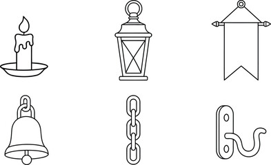 Fototapeta premium Simple black and white line art icons with vintage hardware tools and everyday classic objects