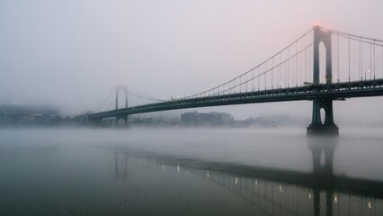 Obraz premium The suspension bridge crosses the river while thick fog rolls through the historic valley during a quiet autumn morning where light glows from the structure towers reflecting upon the calm water