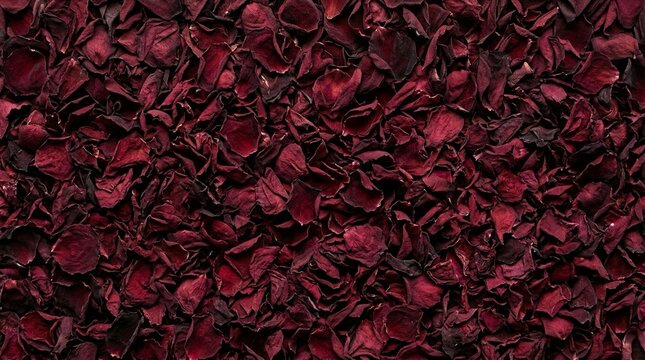 Dense flat lay texture of crushed dried burgundy rose petals, dark
    organic floral luxury background.
