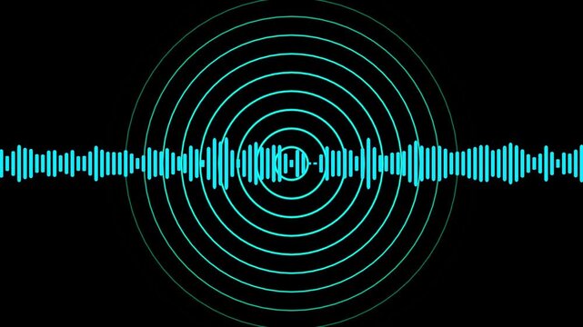 Call recording audio sound waves and technology radio signal animation on black background.
