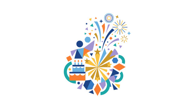 Colorful geometric celebration illustration with cake fireworks and abstract figures