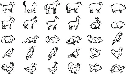 Obraz premium Farm and Pet Animal Icon Set with Dog, Cat, Horse, Cow, Sheep, Pig, Goat, Rabbit, Parrot, Chicken, and Turtle in Line Art