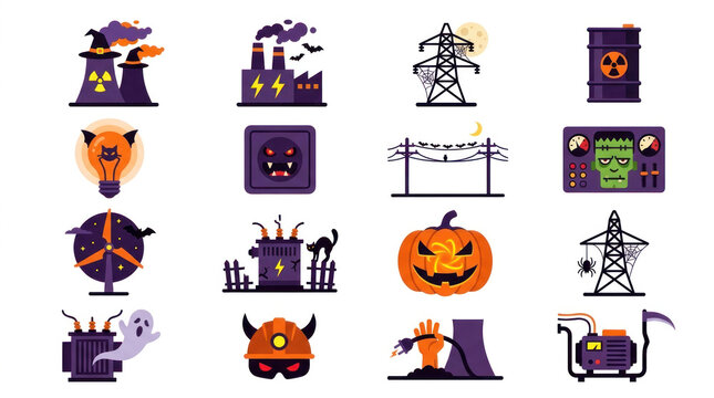 Halloween Energy Icons: Electricity, Power, and Spooky Symbols