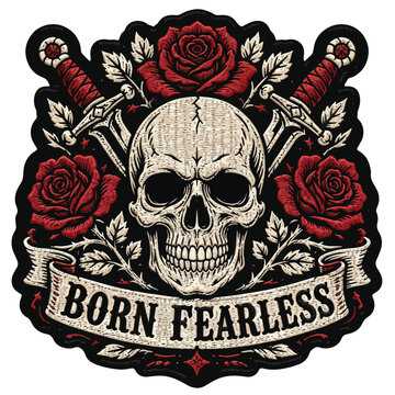 Vintage skull and roses emblem with crossed daggers, born fearless biker patch vector, gothic tattoo style illustration with red flowers