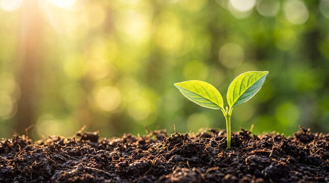 New plant sprout growing in rich soil with sunlight