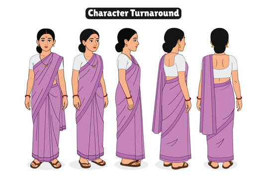 indian woman character, character turnaround, turnaround sheet, character model sheet, model sheet, front view, side view, back view, three quarter view, character reference, character design, female 