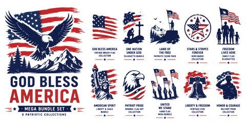 Patriotic American flag mega bundle set, vintage eagle and liberty bell illustrations, 11 United States patriotic vector graphics for t-shirt design © preety
