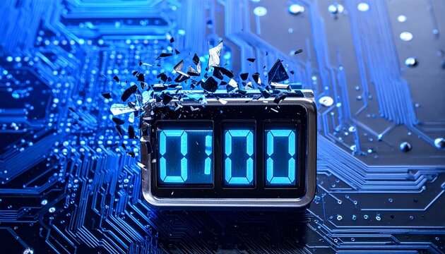 A glowing digital clock breaks apart atop a circuit board, representing the fragmentation of time in a hyperconnected world &mdash; where innovation disrupts every ticking second.