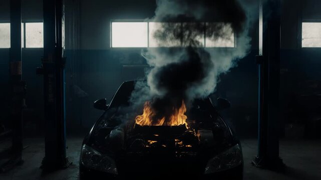 Car engine fire with thick smoke billowing from the hood inside a dimly lit garage, showcasing the escalating intensity of the flames and smoke in a mechanical setting
