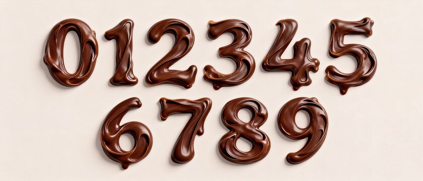 3D arabic numerals zero to nine made of melted liquid chocolate on beige background, silky cocoa dessert typography design