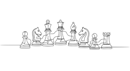 Continuous Line Drawing of Chess Pieces Set: Strategy, Game, Competition, Intellectual © Mam