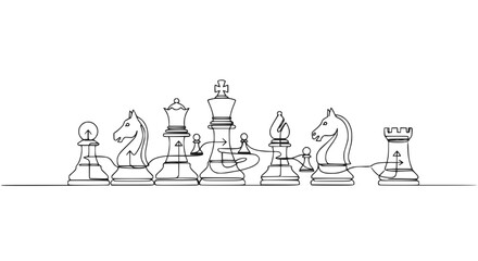 Continuous line drawing of chess pieces arranged in a row on white background, strategy concept © Mam