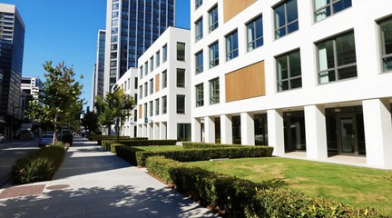 Fototapeta premium Modern residential complex features white buildings with clean lines. Green lawn area borders sidewalk near apartment structures. Tall skyscrapers rise in background under clear blue sky. Urban