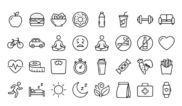 Editable Healthy and Unhealthy Lifestyle Vector Icons Featuring Food Exercise Nutrition and Wellness
