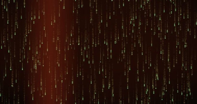 Hexadecimal code symbols cascade in a slow, amber-hued matrix rain animation with deep tunnel parallax effect.