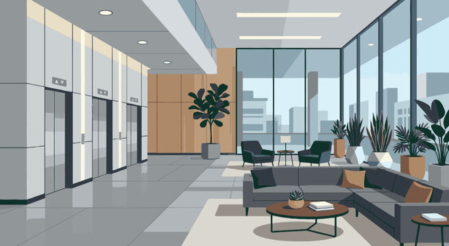 A modern office lobby with a couch, coffee table, and plants near elevators and large windows showing a city view.