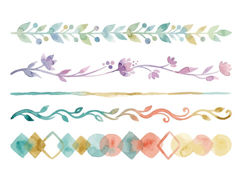 Watercolor floral and geometric borders set on white background