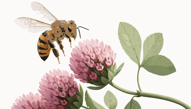 Bumblebee collecting nectar on a pink flower blossom in a summer garden, macro close-up of pollination, flying insect with wings and pollen, nature flora, spring honey bee