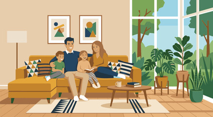 Fototapeta premium A family of four relaxes together on a couch in their cozy living room.