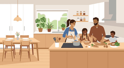 Fototapeta premium Family gathered around kitchen island cooking dinner together indoors