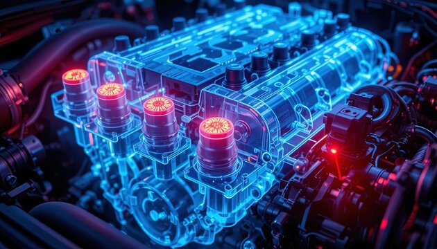 Intricate internal combustion engine glows with vibrant blue energy.