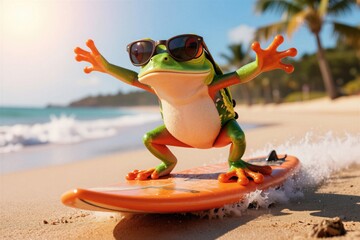 Fototapeta premium Funny frog with sunglasses rides surfboard on beach. Amphibian enjoys ocean waves and sunny day vacation. Surfer has fun on tropical island shore.