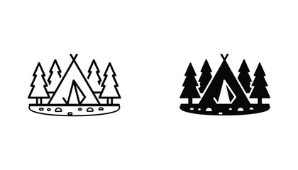 Camping tent in forest vector icon isolated on white Black and white outline line art and solid glyph silhouette © VisionGrafix