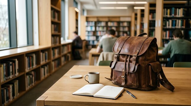 Brown leather backpack on wooden table.