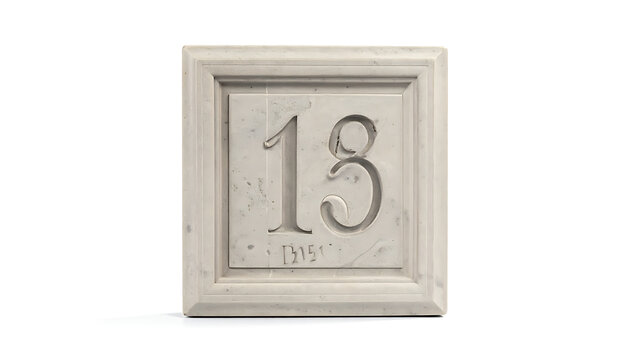 Square stone relief carving of the number thirteen, textured surface, framed element