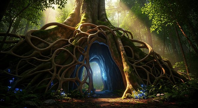 Mystical fantasy scene with glowing blue orb and dragon skull.